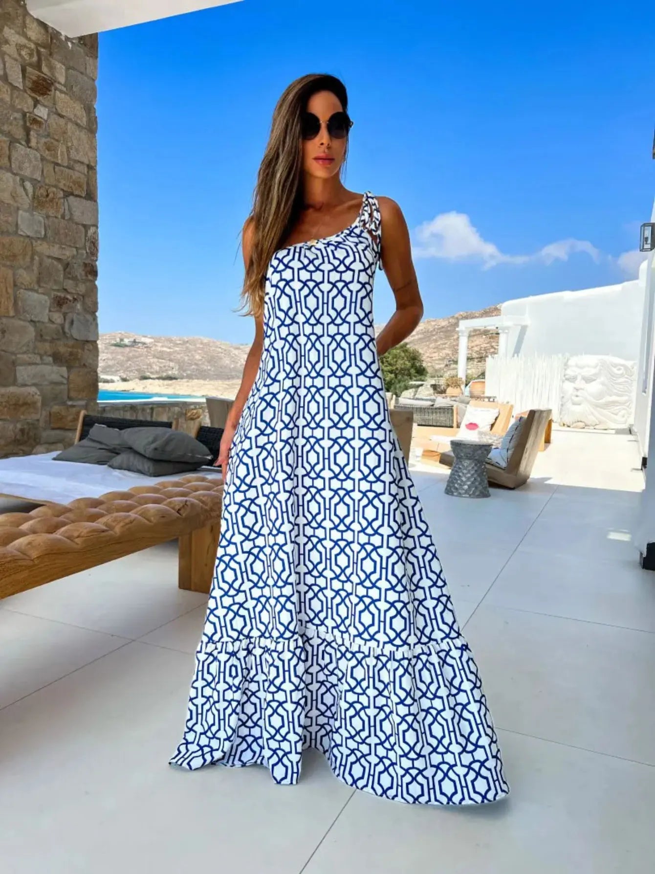 Women's Print Long Cover Up Elegant Slim One Shoulder Maxi Beach Dress