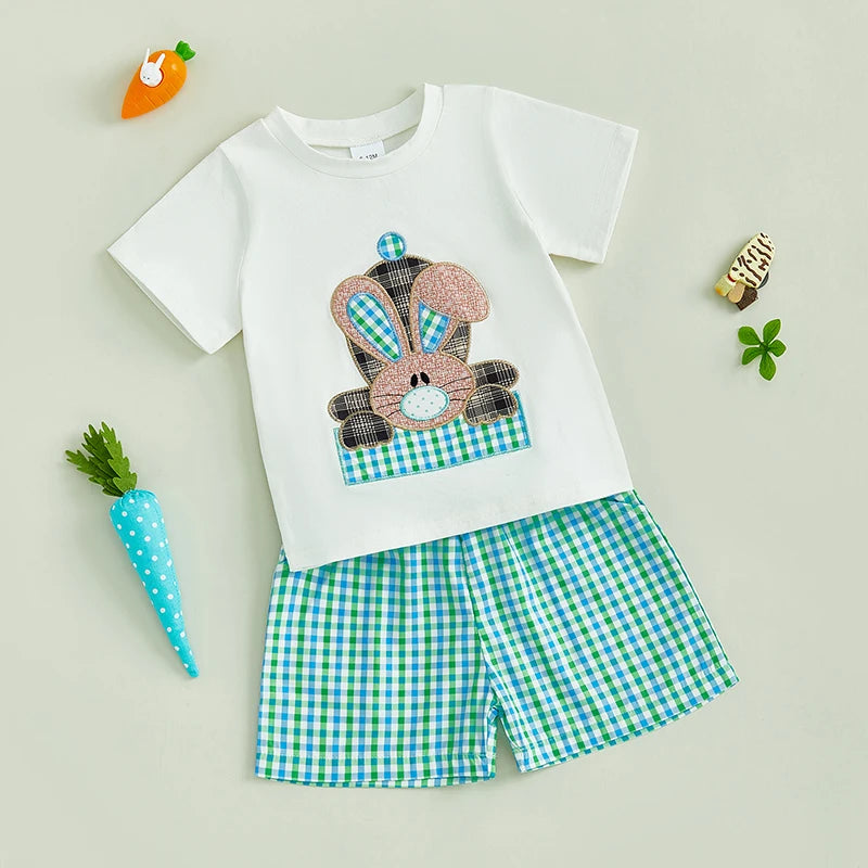 0-4Y Toddler Kids Boys Easter Clothes Set 2pcs Rabbit Embroidery Short Sleeve  Plaid T-Shirt with Elastic Waist Shorts