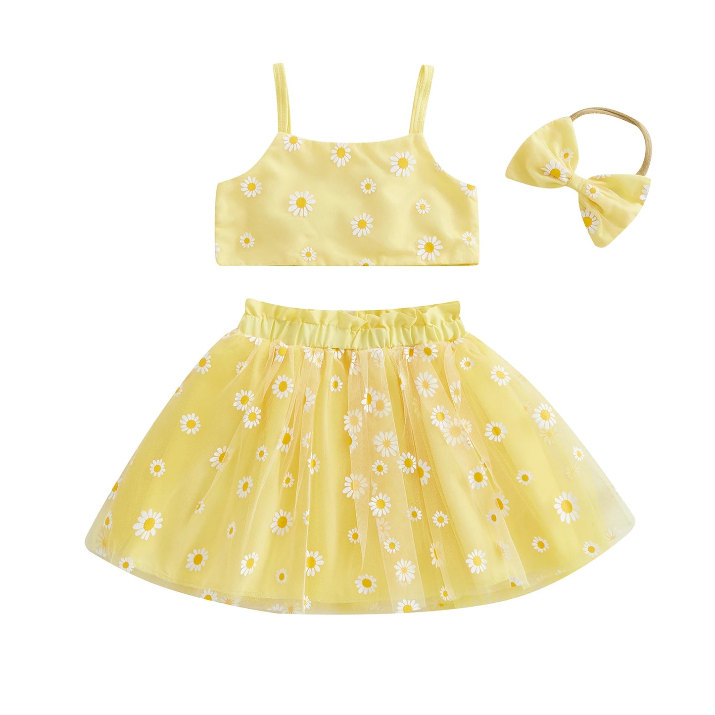 0-3Y Toddler Baby Girls Summer Clothes Sets Sunflowers Print Spaghetti Strap Top and Tulle Skirt Bow Headband
