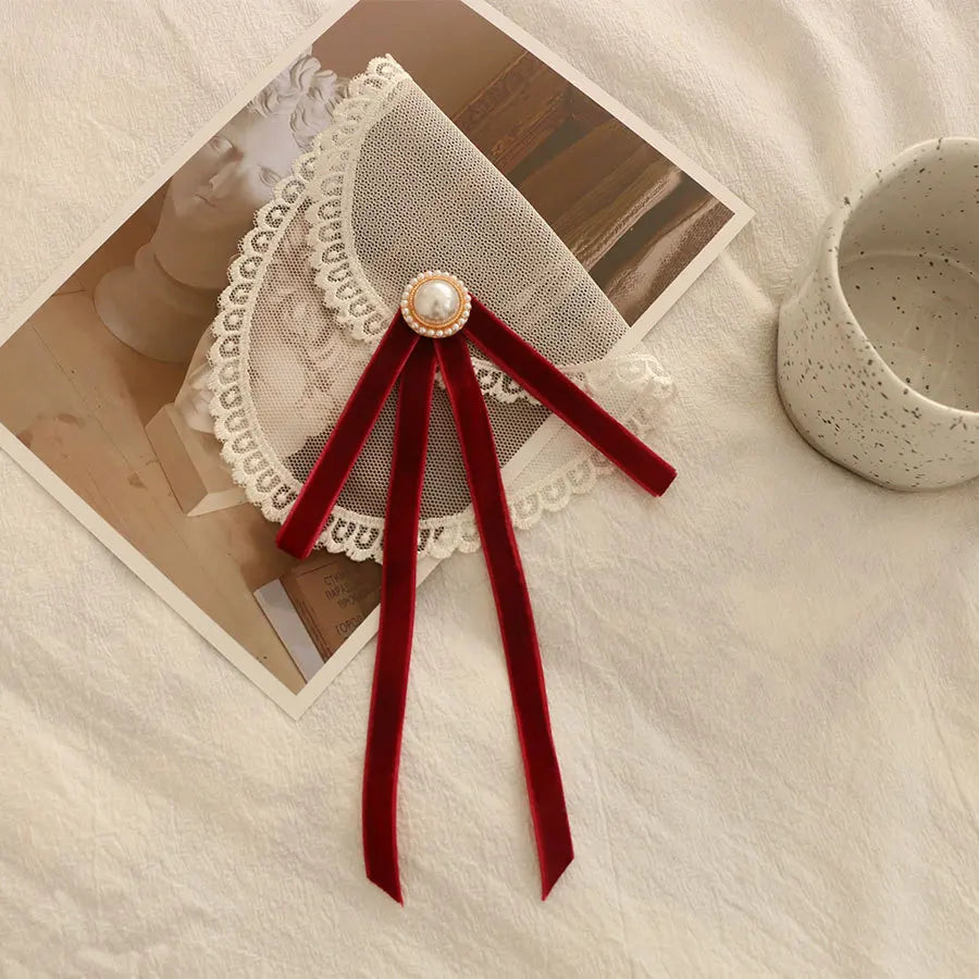 Anime Style Velvet Bow Pearl Brooch - Sweet Academic Pin for Girls