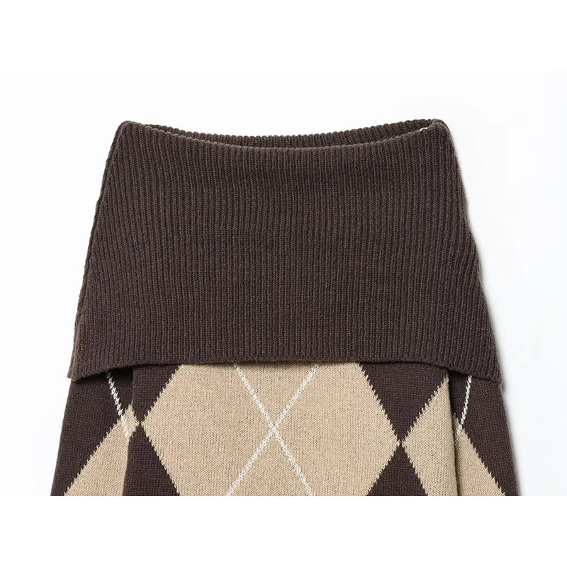 Vintage Argyle Off Shoulder Knit Sweater - Long Sleeve Loose Casual Pullover