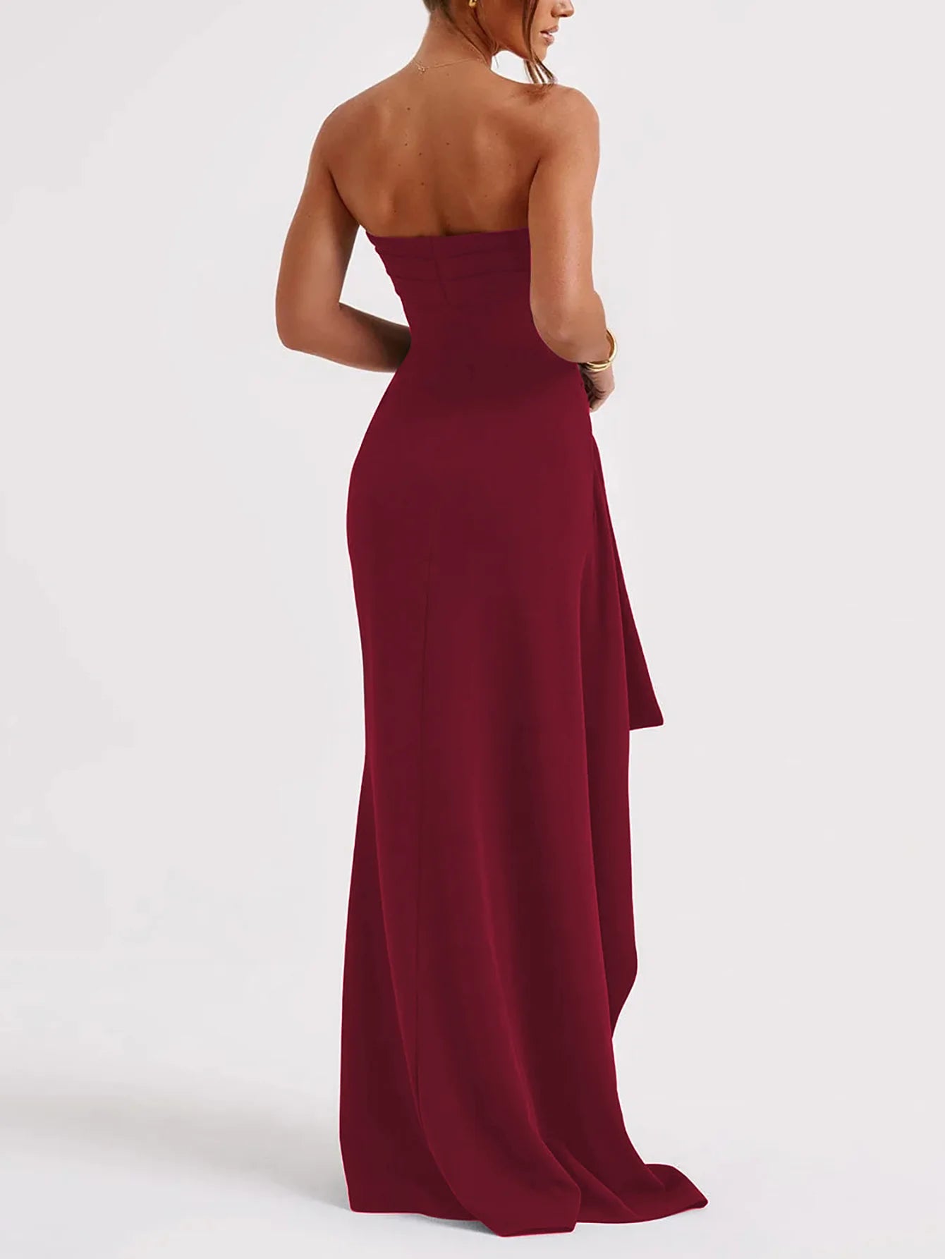 Off Shoulder Elegant High Rise Split Maxi Dress - Women Strapless Evening Dress Ruched Gown