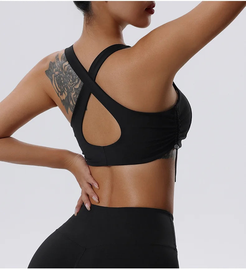 Women's High Impact Fitness Yoga Bra Gathered Push Up Sports Back Gym Crop Top Breathable Workout Vest