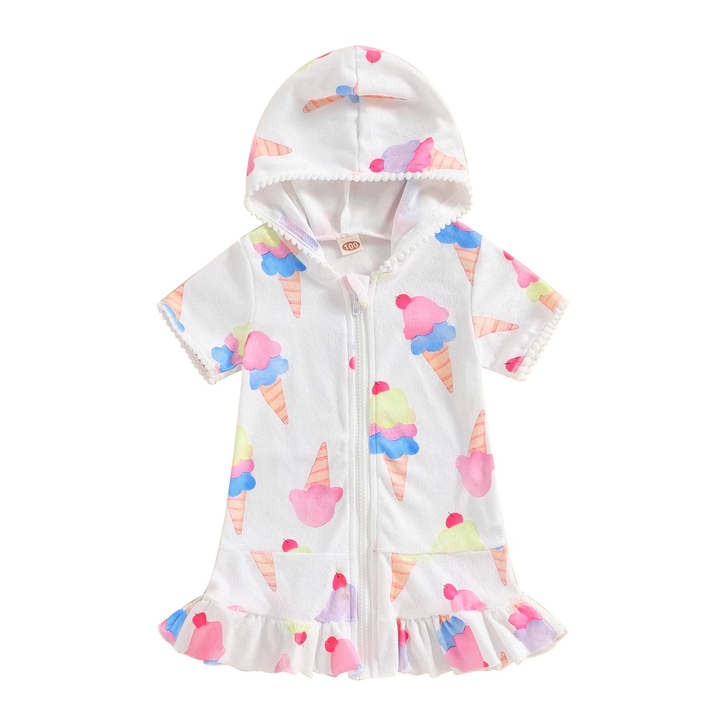 1-8Y Summer Kids Girls Beach Dress Watermelon Flamingo Ice Cream Print Hooded Zipper Closure Swimwear