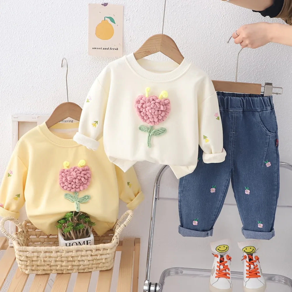 Girl's Clothing Autumn Long Sleeved Round Neck Top and Jeans 2-piece Three-dimensional Flower Spring Outfit Set