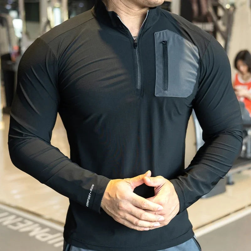 Men's Muscle Workout Sportswear Long Sleeve Running Clothing with Half Zip with Pockets Sports Gym Fitness Compression Shirt