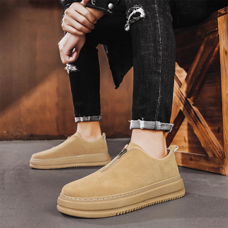 Men's Suede Leather Platform Work Shoes - Zipper Casual Business Sneakers