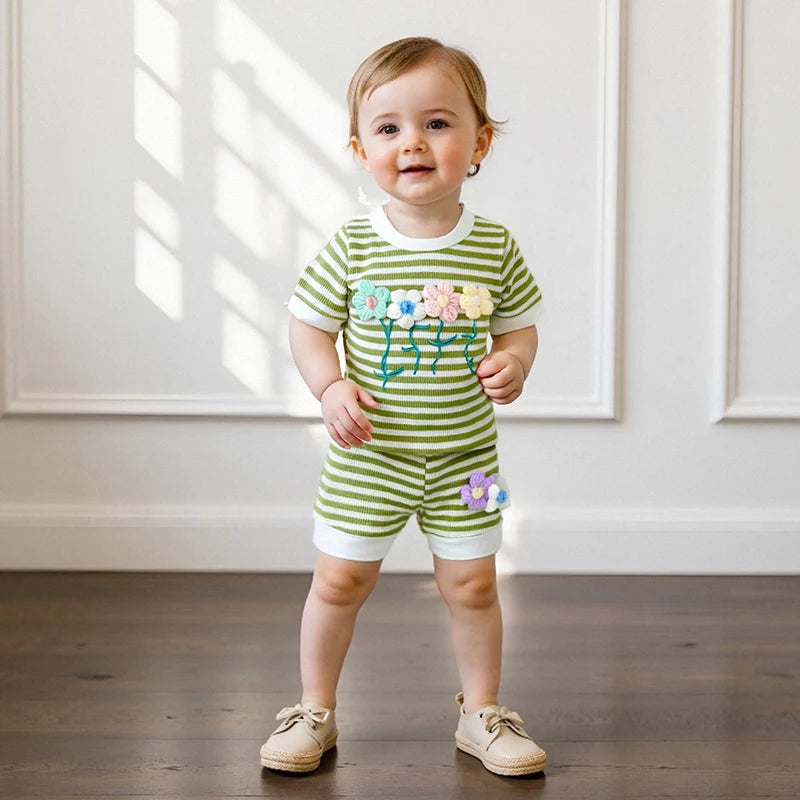 0-6Y Kids Girls Summer Clothes Sets Short Sleeve O Neck Flower Embroidery Striped T Shirts and Drawstring Shorts