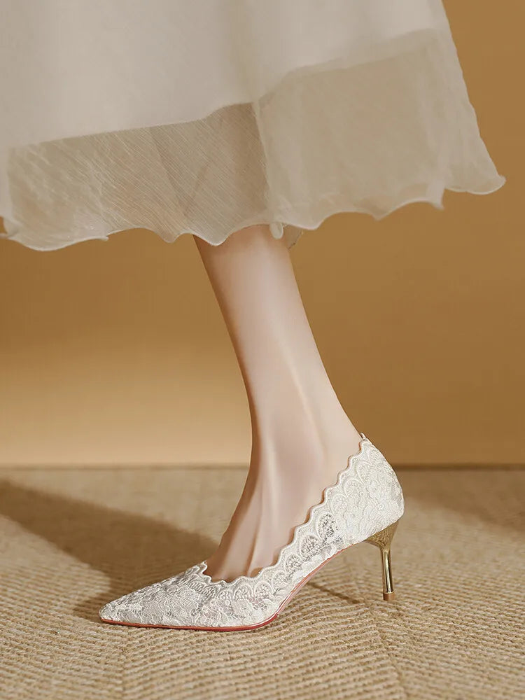 Embroidered Bridal Heels - Pointed Toe Wedding Pumps with 6.5cm Heel