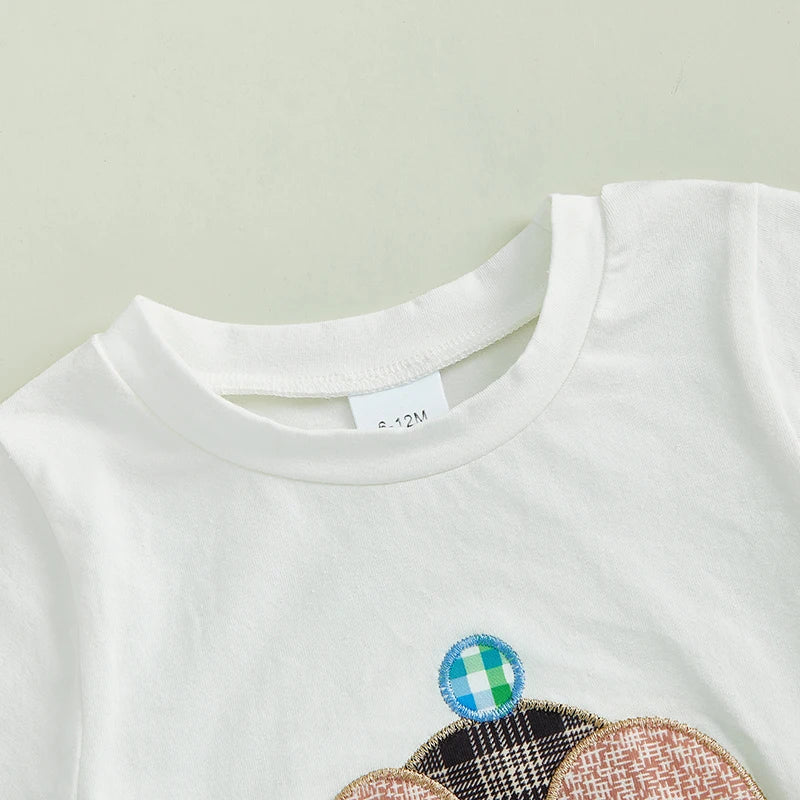 0-4Y Toddler Kids Boys Easter Clothes Set 2pcs Rabbit Embroidery Short Sleeve  Plaid T-Shirt with Elastic Waist Shorts