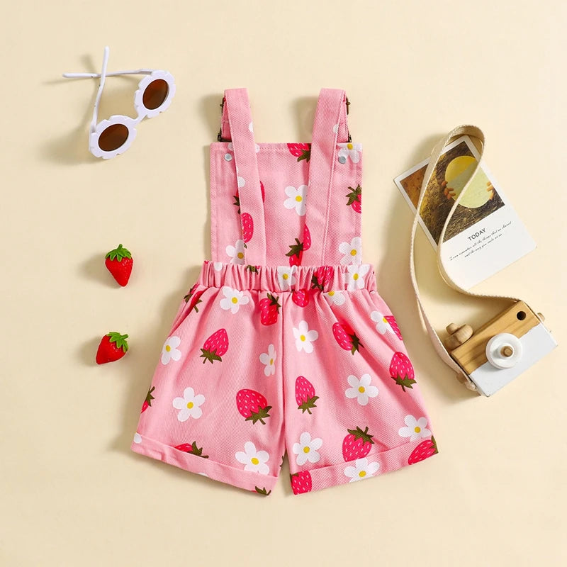 0-6Y Girls Denim Overalls Shorts Sleeveless Flower/Strawberry Print Strap Jeans Suspender Outfit