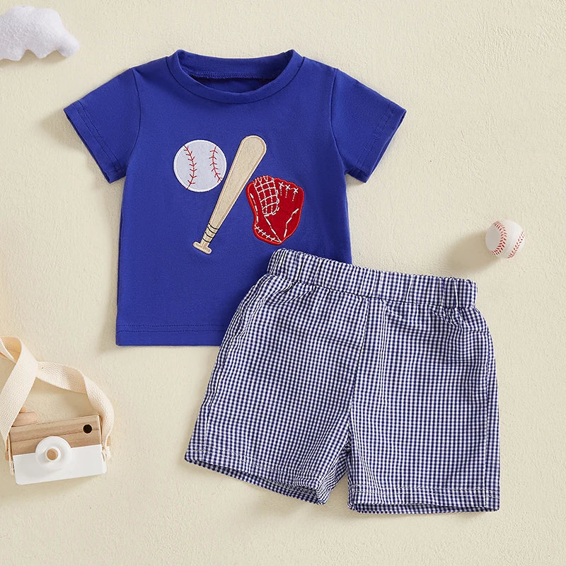 Baby Boys Baseball Outfit Set - Embroidery T-Shirt with Plaid Shorts