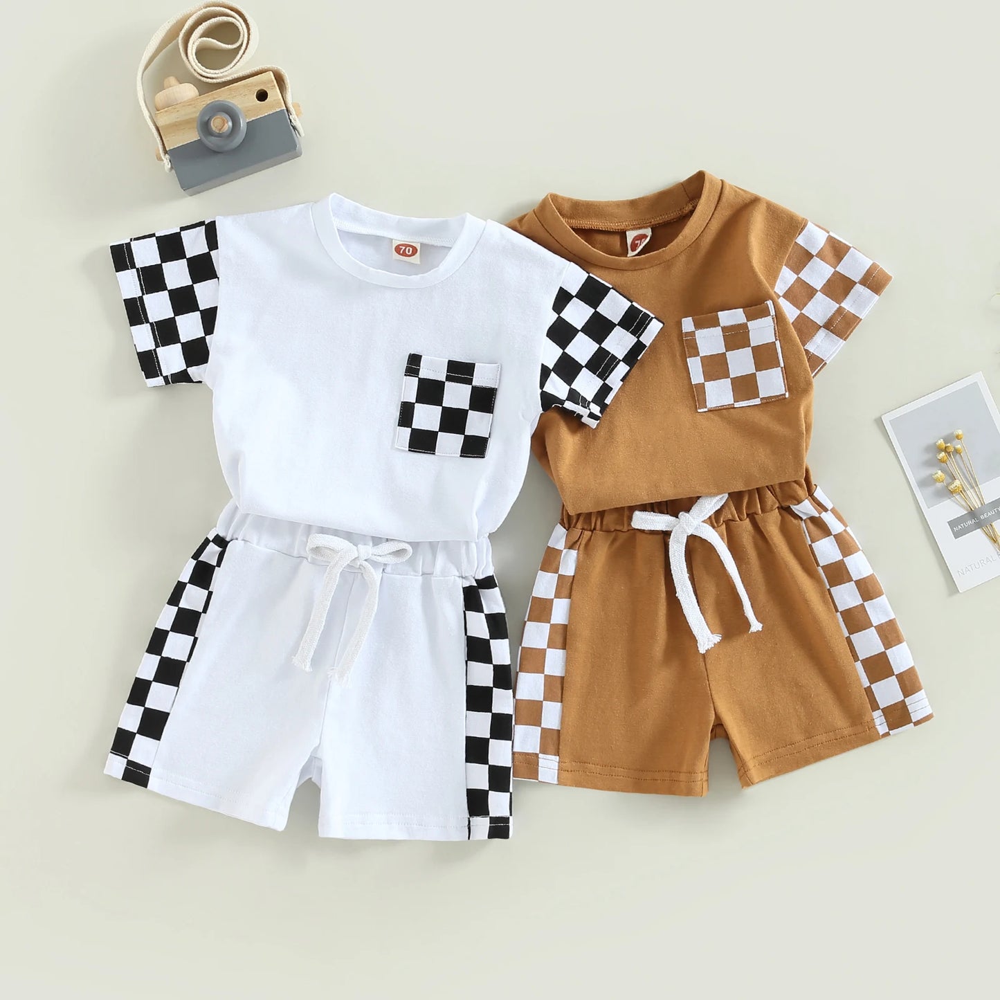 0-3Y Toddler Baby Boy Summer Clothes Sets Plaid Patchwork Short Sleeve Pocket T-Shirt and Elastic Waist Shorts