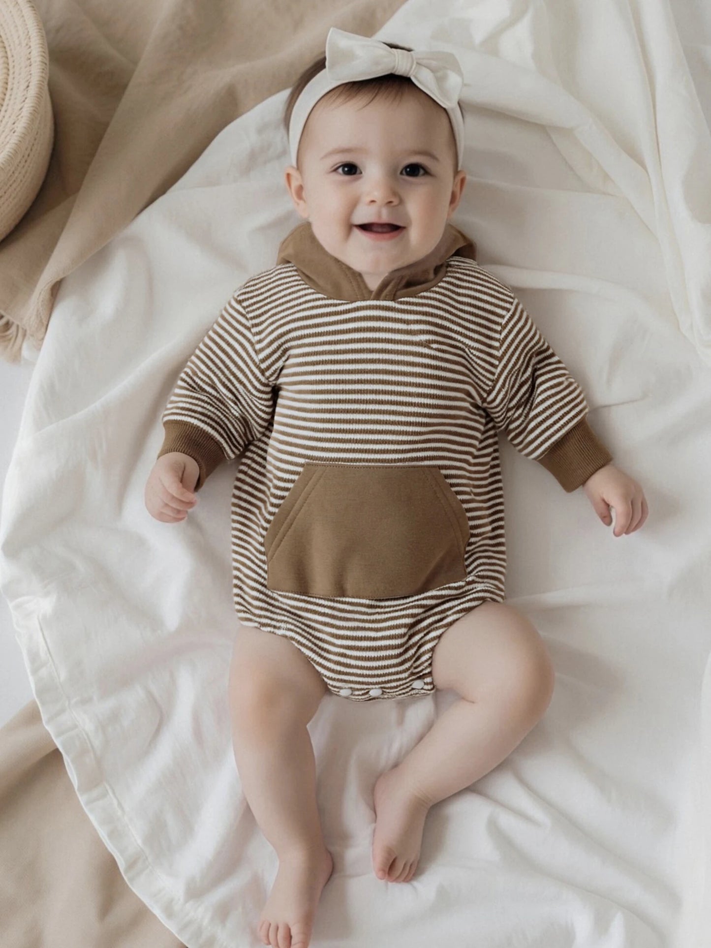 Newborn Baby Boys Fall Romper - Long Sleeve Hooded Stripe Bodysuit with Front Pocket (0-18M)