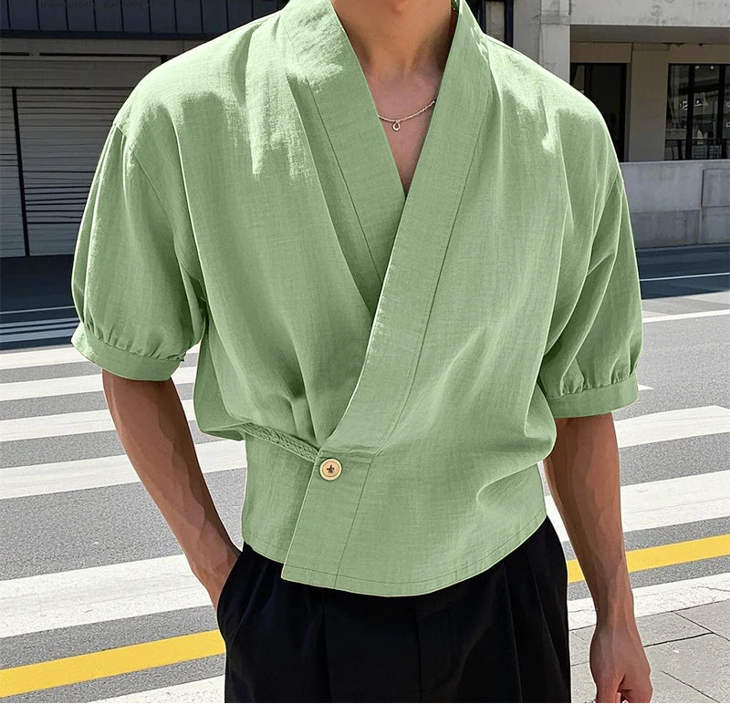 Korean Style Slanted Placket Collarless Long Sleeve Shirt