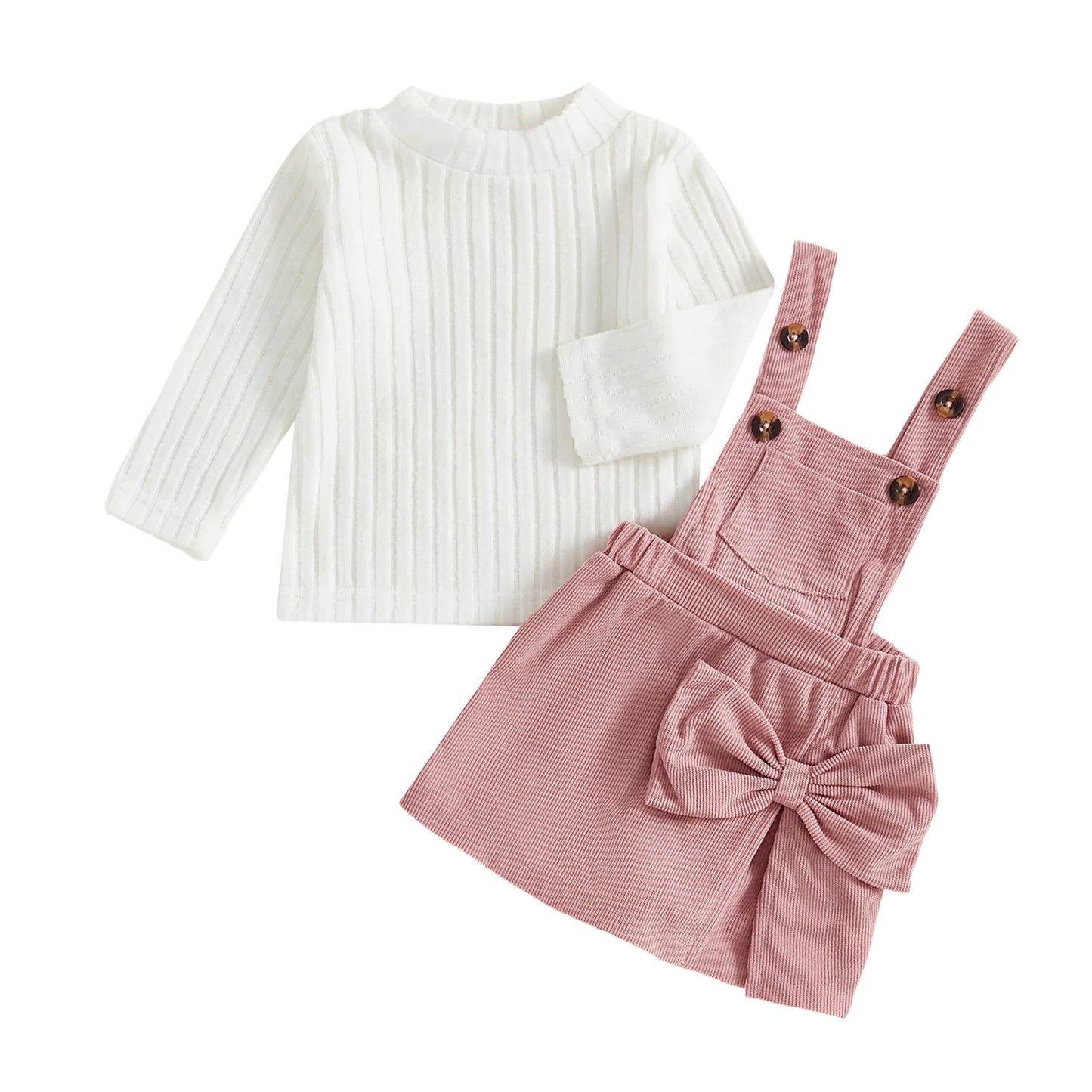 Baby Girls Ribbed Outfit Set - Long Sleeve Crew Neck Top & Bow Overall Skort (0-5Y)