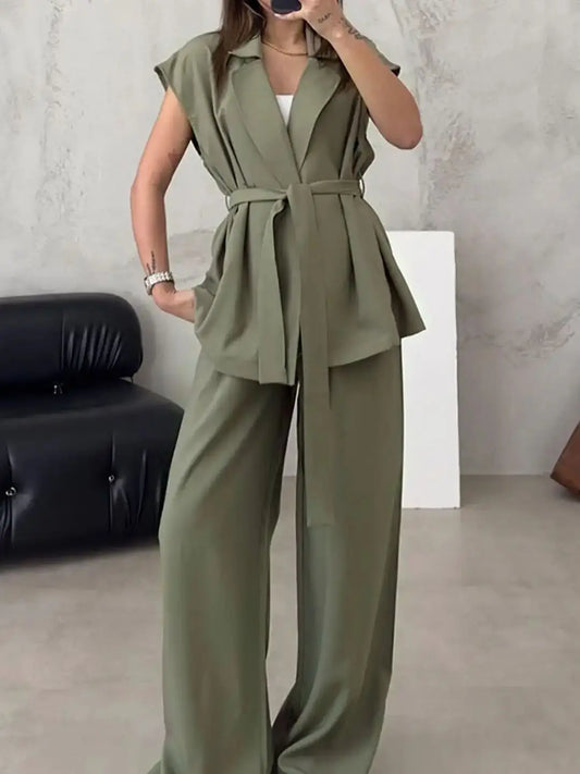 Women's Notched Lapel Sleeveless Belted Top And Drawstring Wide Leg Pants  Two Piece Set