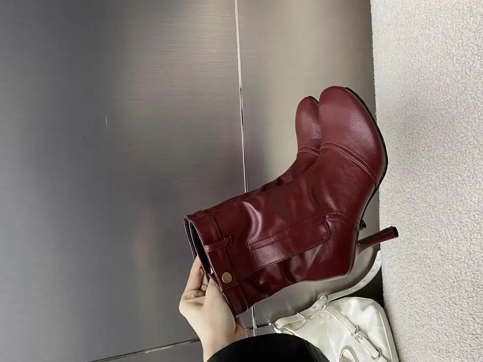 Round Toe Ankle Boots - Metal Button Detail with Side Zipper