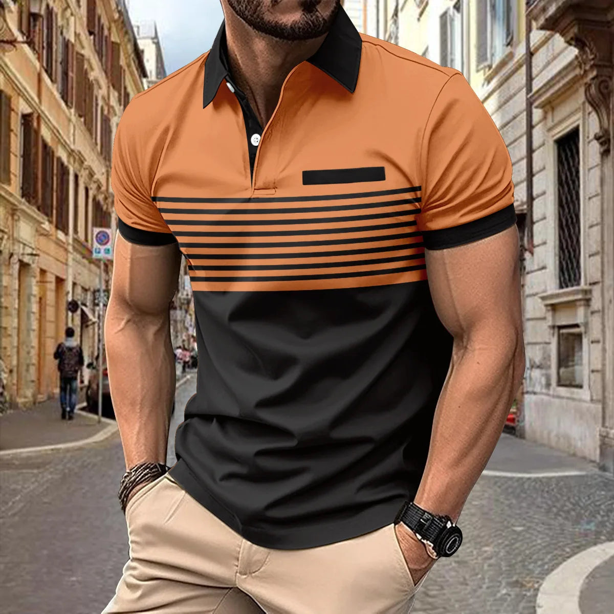 Men's Summer Polo Patchwork Short Sleeve Smart Casual Striped Turn Down Collar Shirt