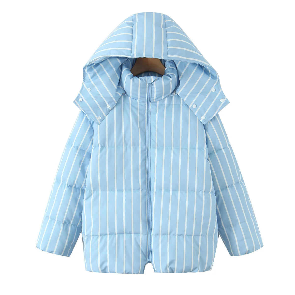 Striped Hooded Bread Jacket - Front Zipper Long Sleeve Warm Coat