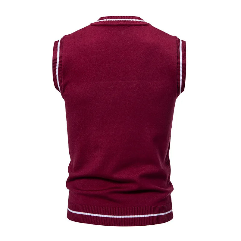 Men's V-Neck Knit Vest - Slim Fit Sleeveless Patchwork Sweater Vest for Autumn Winter