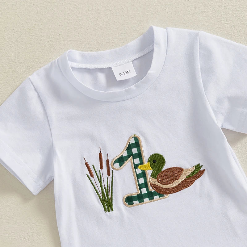 Baby Boys' Birthday Outfit Set - Cartoon Duck Letter Embroidery Short Sleeve Top & Plaid Shorts 2pcs