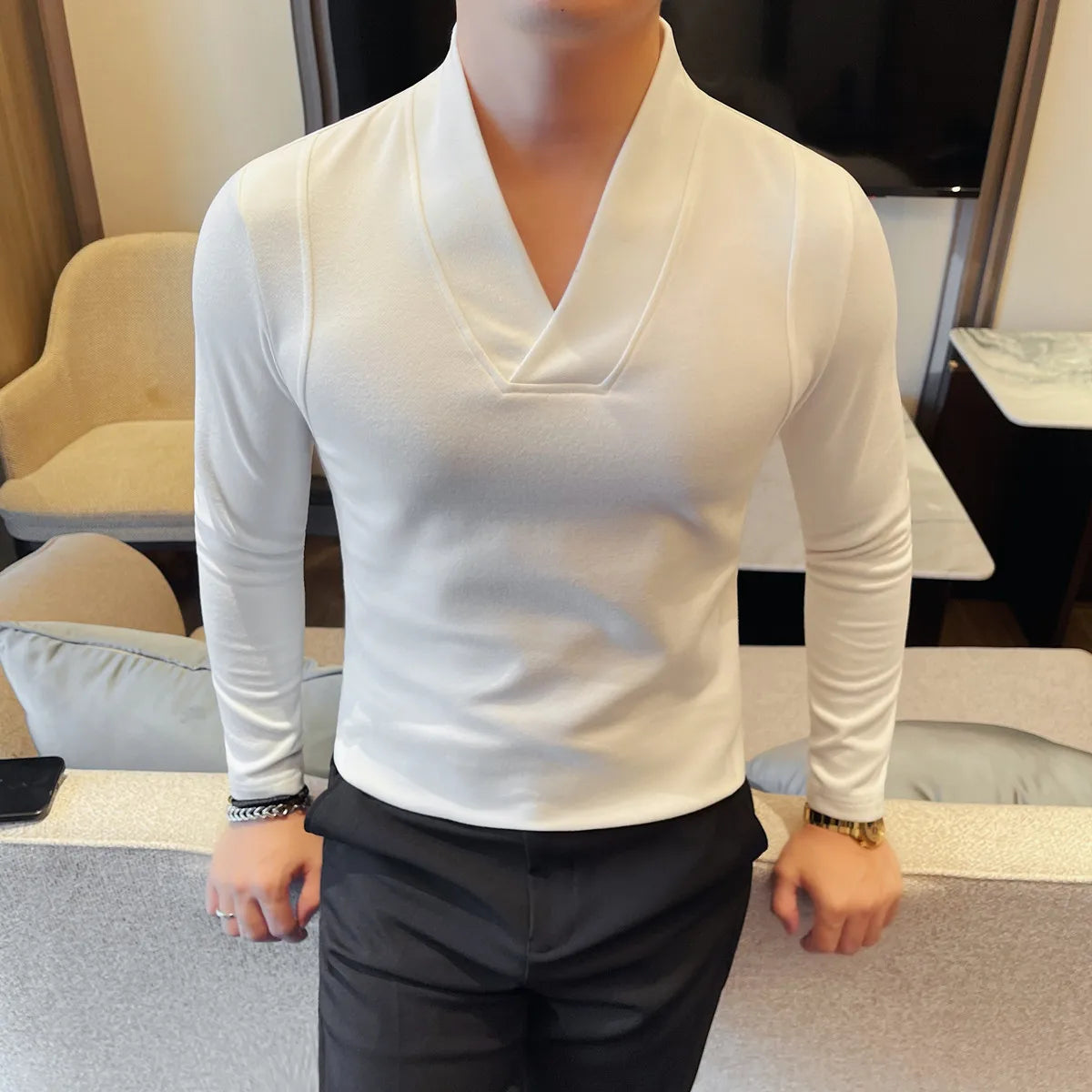 Men's Slim Fit V-Neck Patchwork T-Shirt