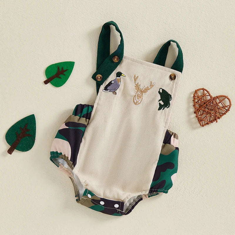0-18M Baby Boys Romper Summer Sleeveless Square Neck Animal Embroidery Camouflage Print Newborn Overalls