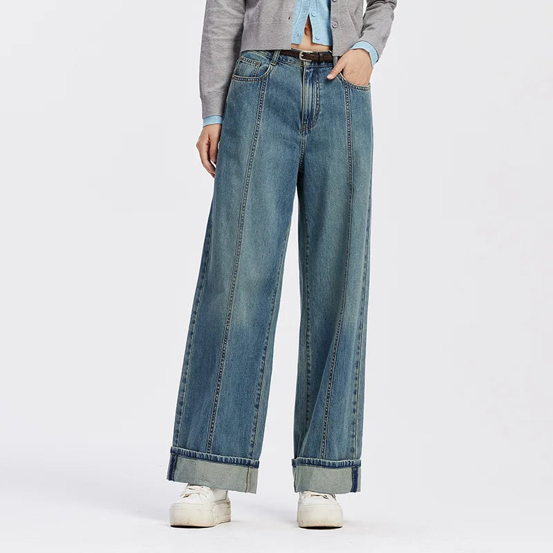 Women's Rolled Hem Loose Wide Leg Long Trousers