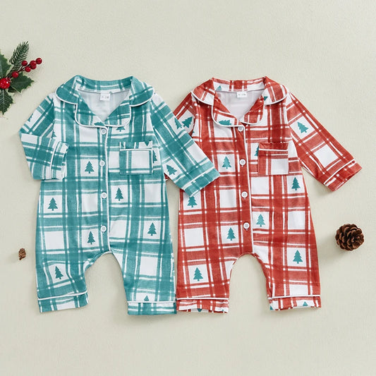 Christmas Pajama Romper - Baby Boys Girls Xmas Tree Plaid Jumpsuit