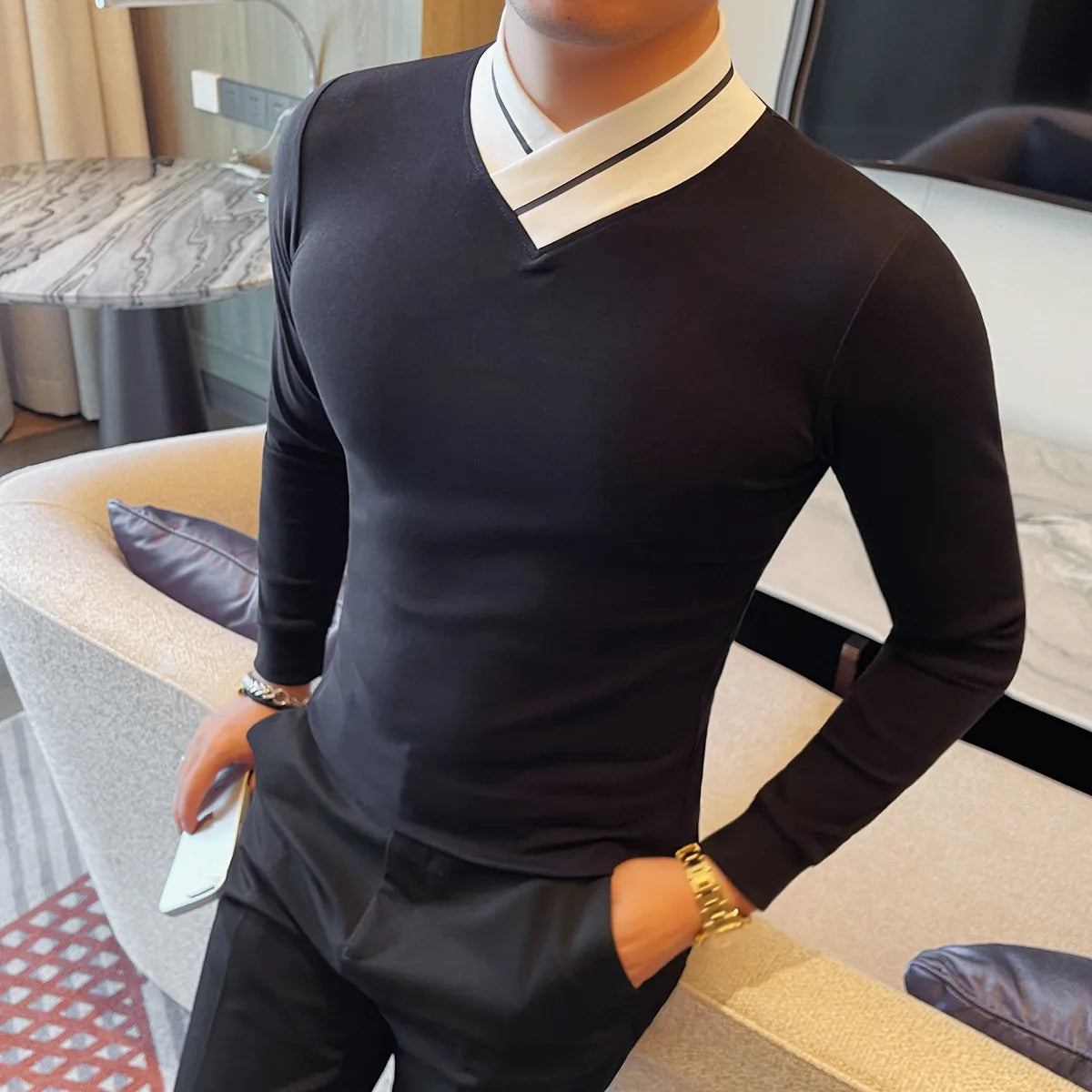 Men's Patchwork Mock Neck Long Sleeve T-Shirt