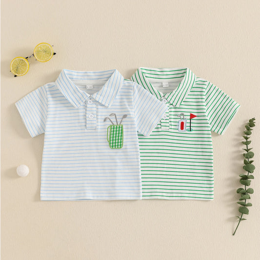 0-4Y Toddler Kids Boys Summer T Shirts Short Sleeve Casual Golf Embroidery Striped Print Pullover Top