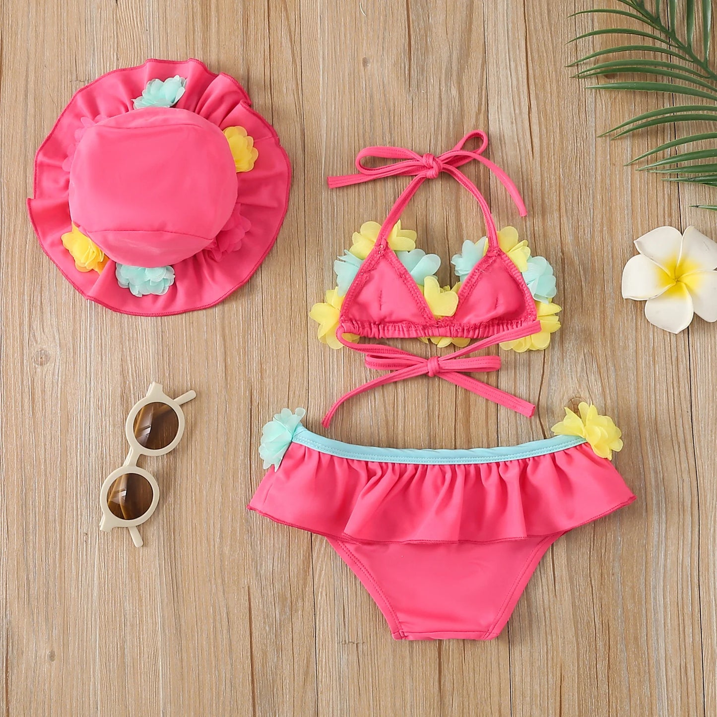 0-24M Summer Baby Girls Bikini Set - 3pcs Flowers Strap Sleeveless Vest and Shorts Sun Hat Swimsuits