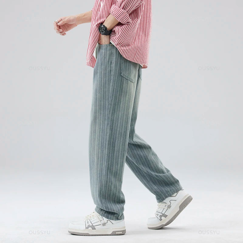 Men's Cotton Striped Straight Leg Jeans | Zipper Fly | Moustache Effect Wash | Midweight | Spring Summer | High Street