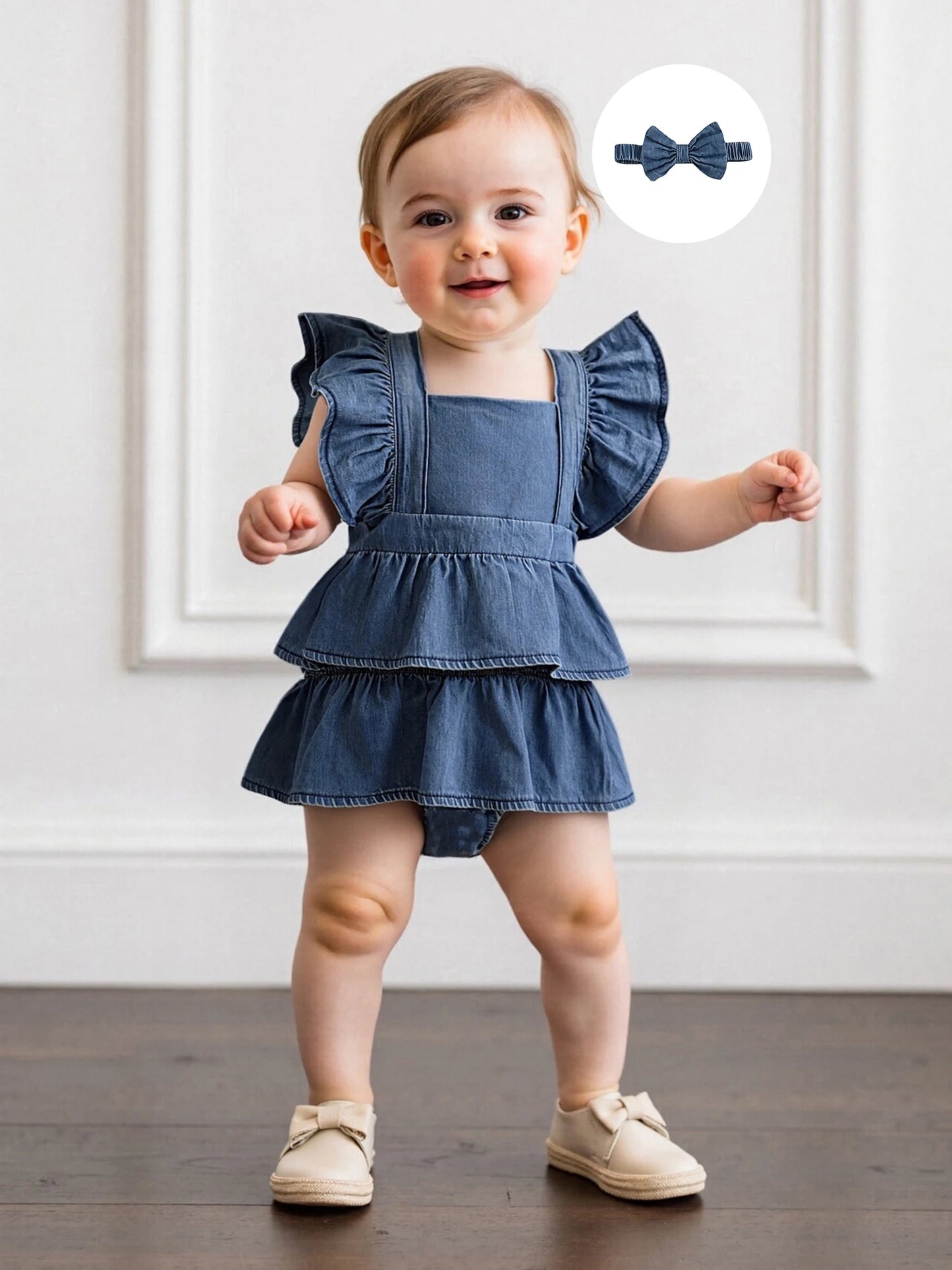 Baby Girls Denim Romper Dress Set - Ruffles Fly Sleeve Layered Jumpsuit with Bowknot Hairband