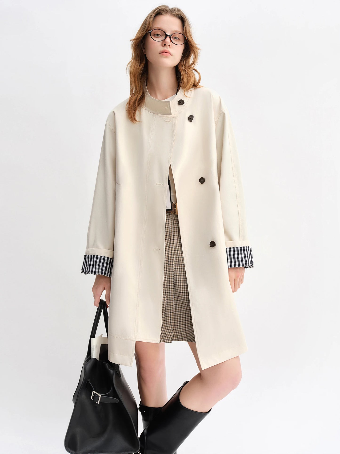 Stand Collar Trench Coat - Plaid Patchwork Relaxed Fit Windbreaker