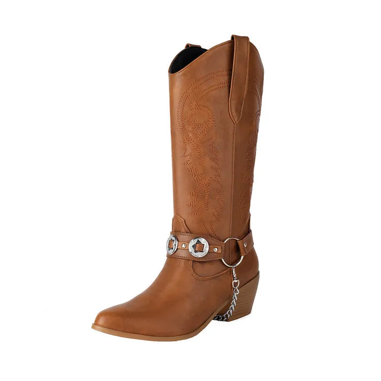 Women's Tapered Circular Metal Chain Chelsea Bohemian Pointed Leather Knee High Boots