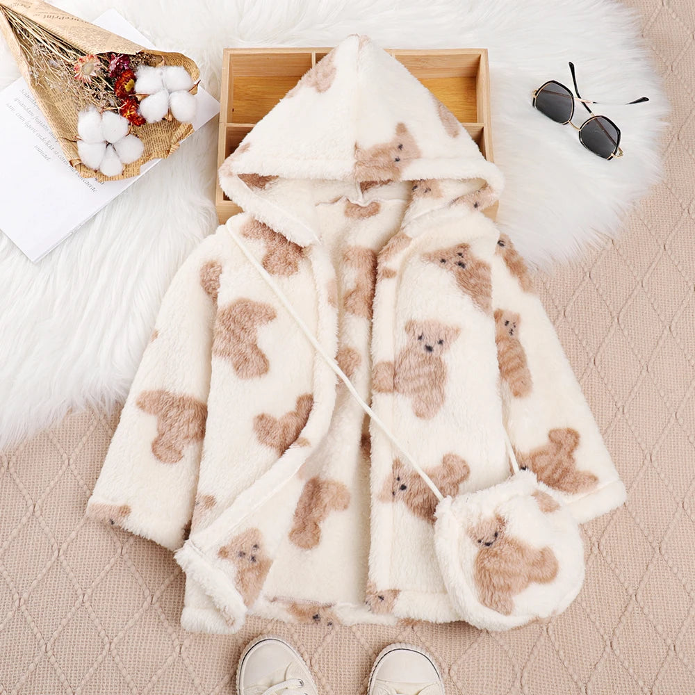 Children's Girl's Bear Print Faux Fur Fleece Coat with Bag