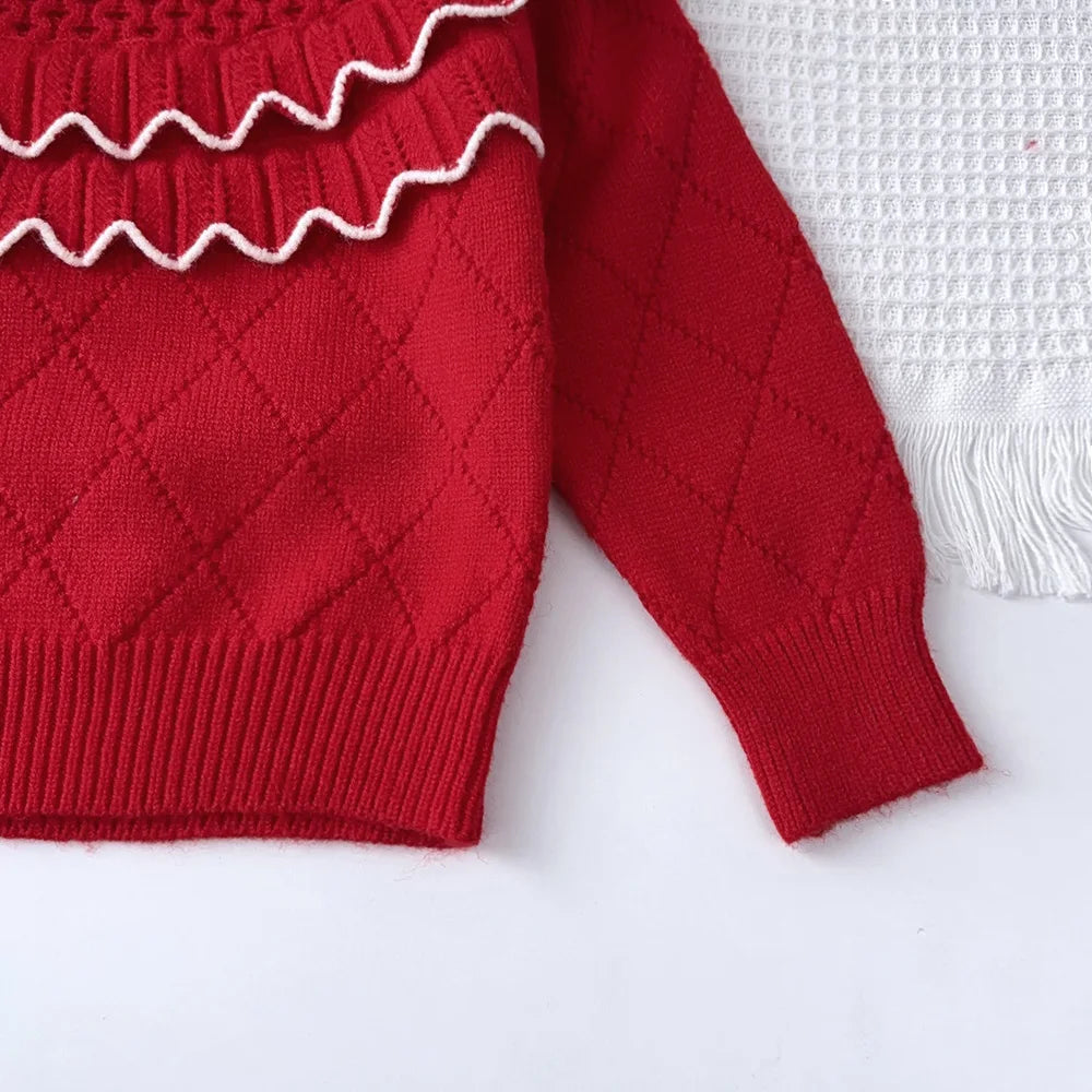 Girl's Diamond Grid Wave Knitted Sweater and Skirt 2-piece Set