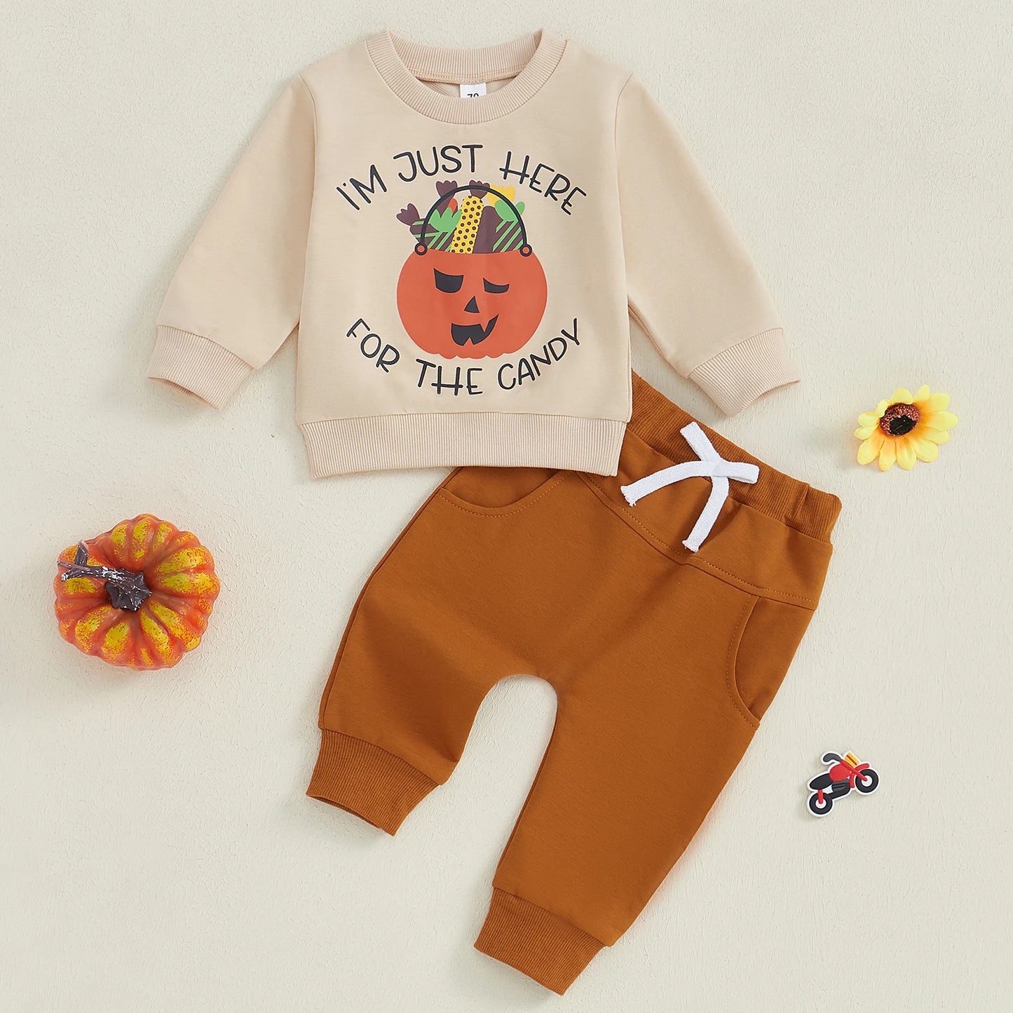 0-3Y Baby Boys Halloween Clothes Set - Pumpkin Letter Print Long Sleeve Sweatshirt Pocket Long Pants