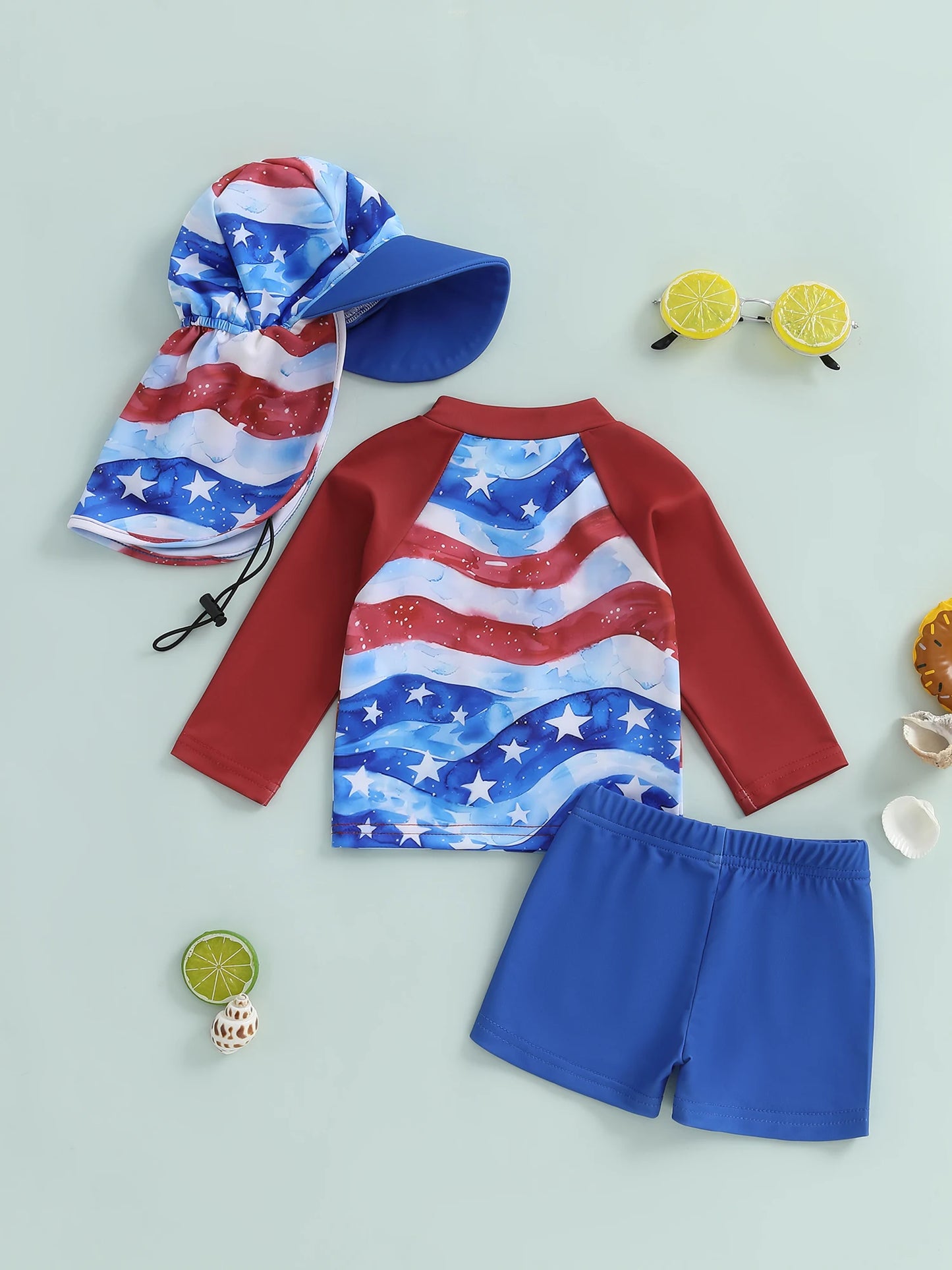 0-5Y American Flag Kids Boys 4th Swimwear Clothes Sets Long Sleeve Stars Print T-shirt with Shorts and Hat