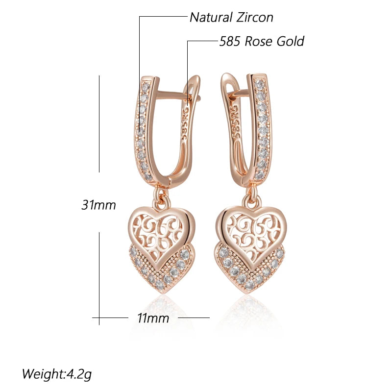 Women's Glossy Metal Natural Zircon 585 Rose Gold Color Geometry Long Earrings