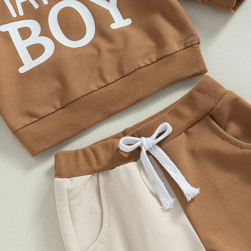 0-3Y Autumn Casual Kids Boys Clothes Set 2pcs Letter Print Hooded Pocket Top Colour Patchwork Long Pants