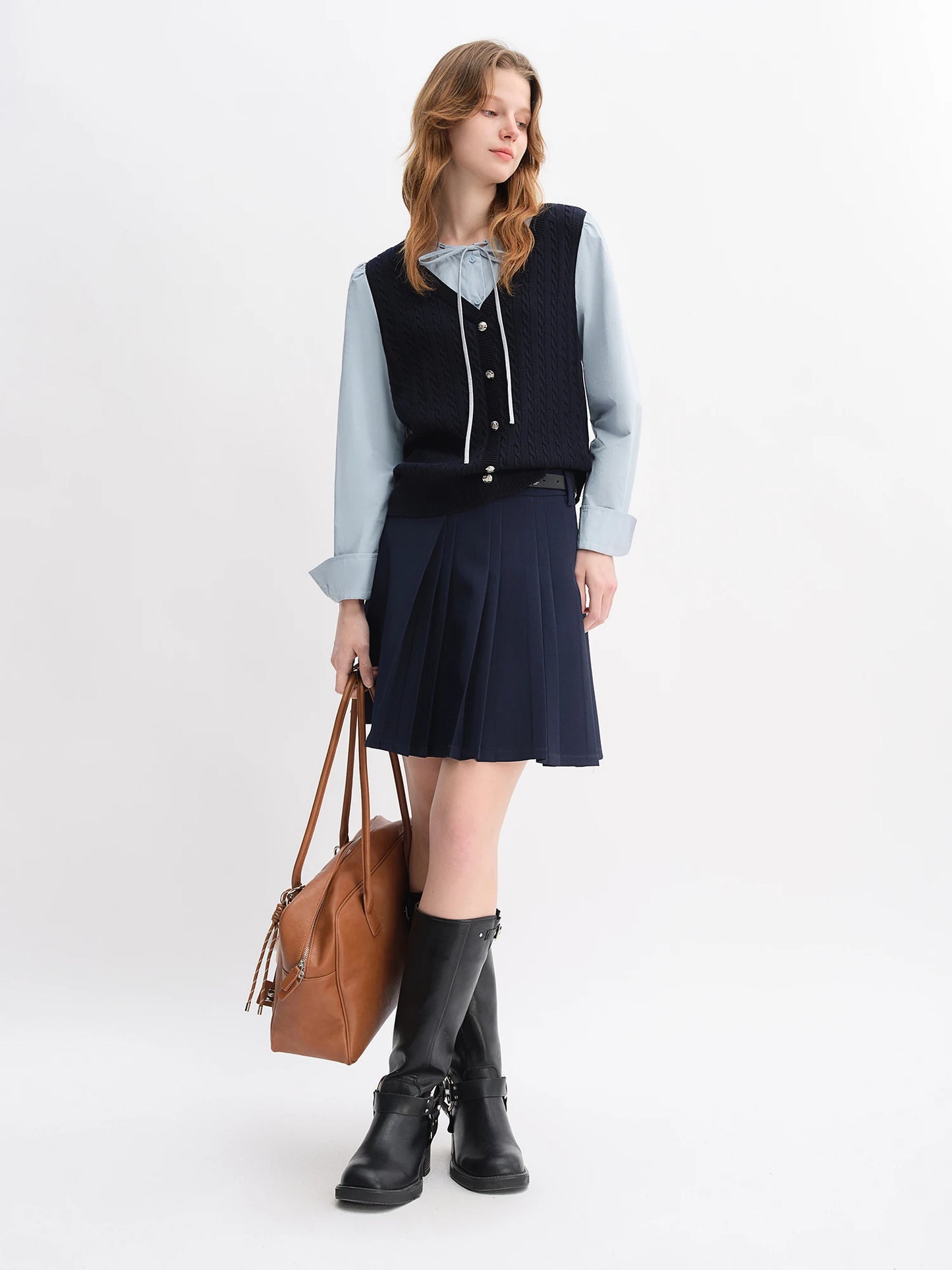 Blue Plaid Shirt & Navy Skirt Set - Long Sleeve Two-Piece