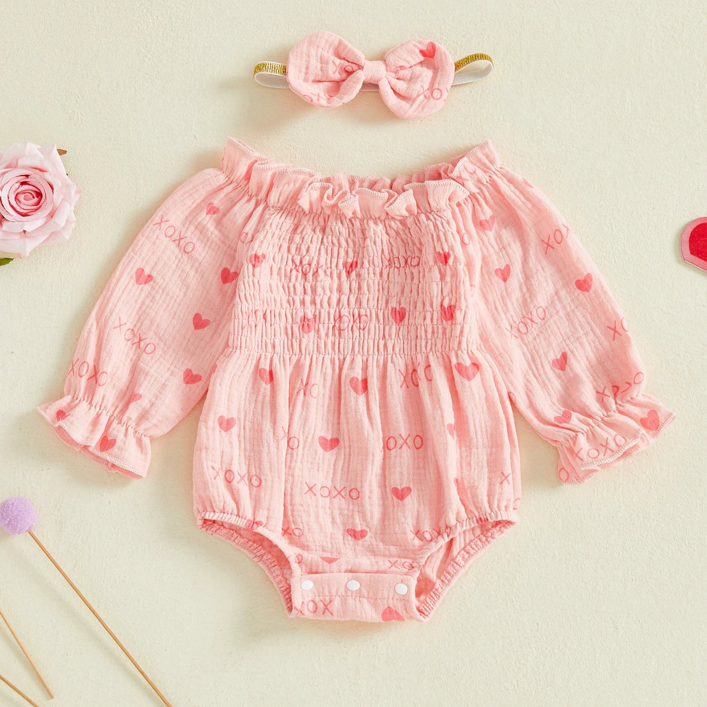 Baby Girls Valentine's Day Romper - Heart Print Smocked Jumpsuit with Headband 0-18M