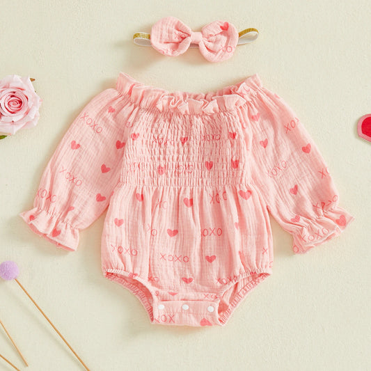 Baby Girls Valentine's Day Romper - Heart Print Smocked Jumpsuit with Headband 0-18M