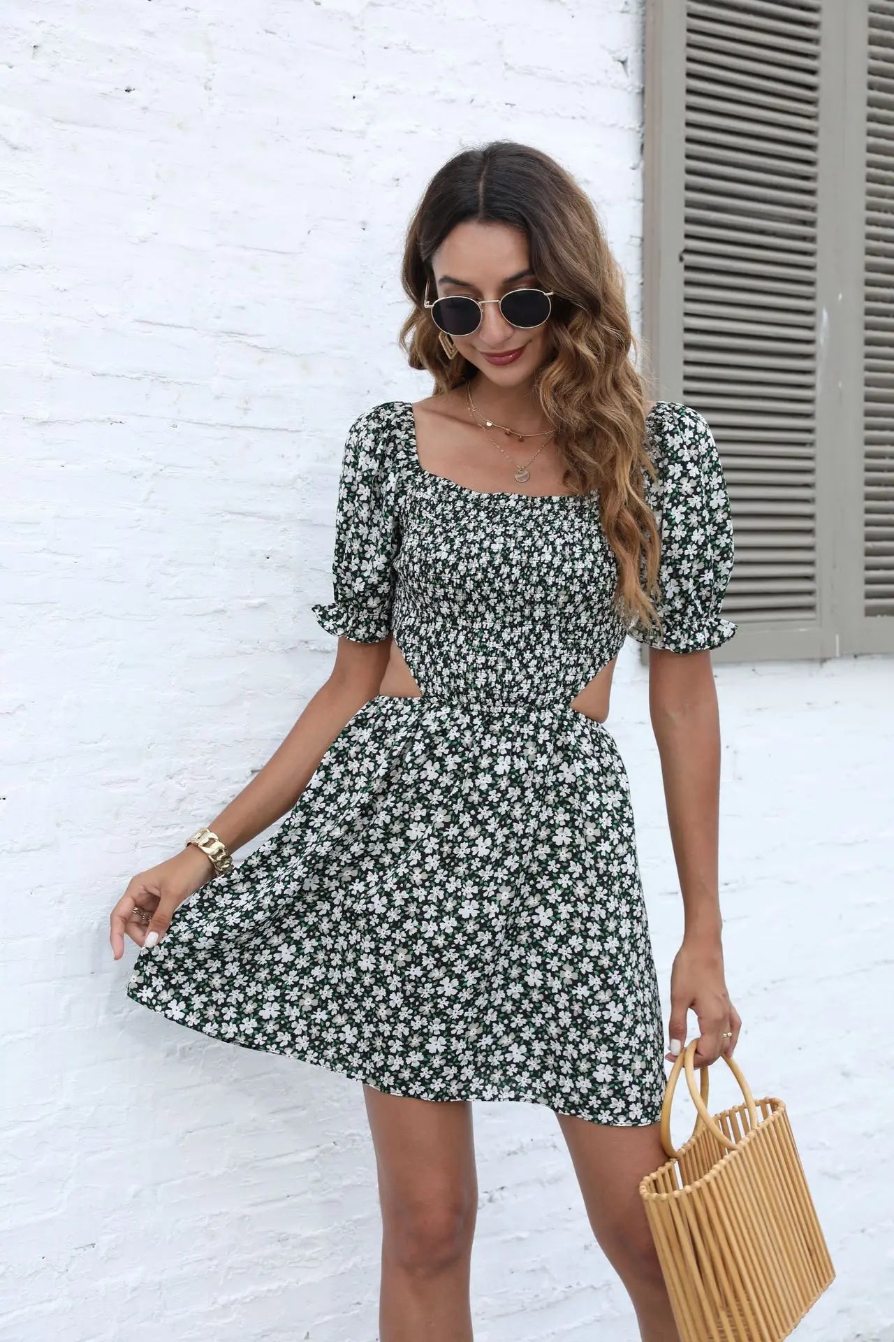 Women's one-line collar Floral Dress Skirt