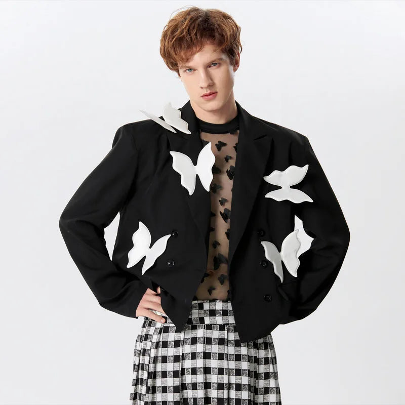 Men's Blazer Patchwork Lapel Long Sleeve Double Breasted Loose Jacket