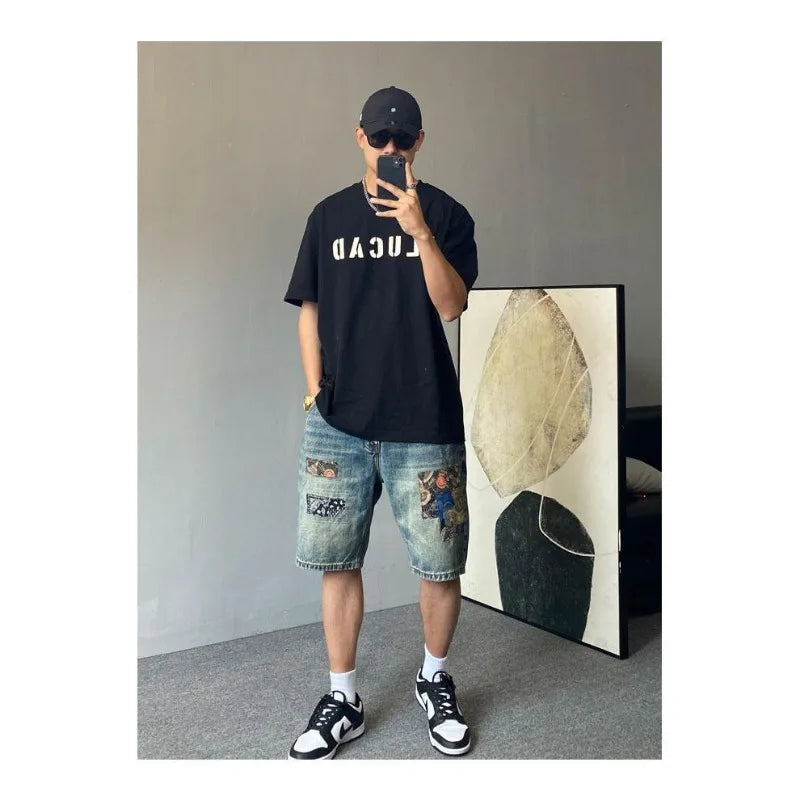 Men's Summer American Casual Embroidery Patch Vintage Denim Shorts
