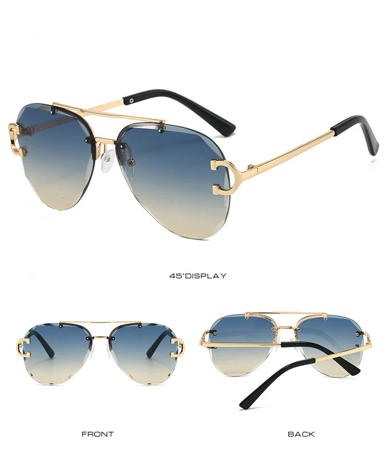 Unisex Vintage Rimless Classic Double Bridge Pilot Gradient Sunglasses
